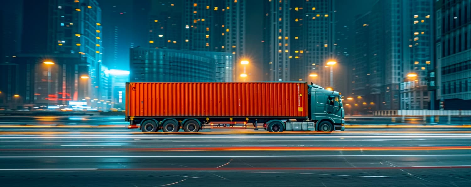 Freight truck driving on a highway at sunset